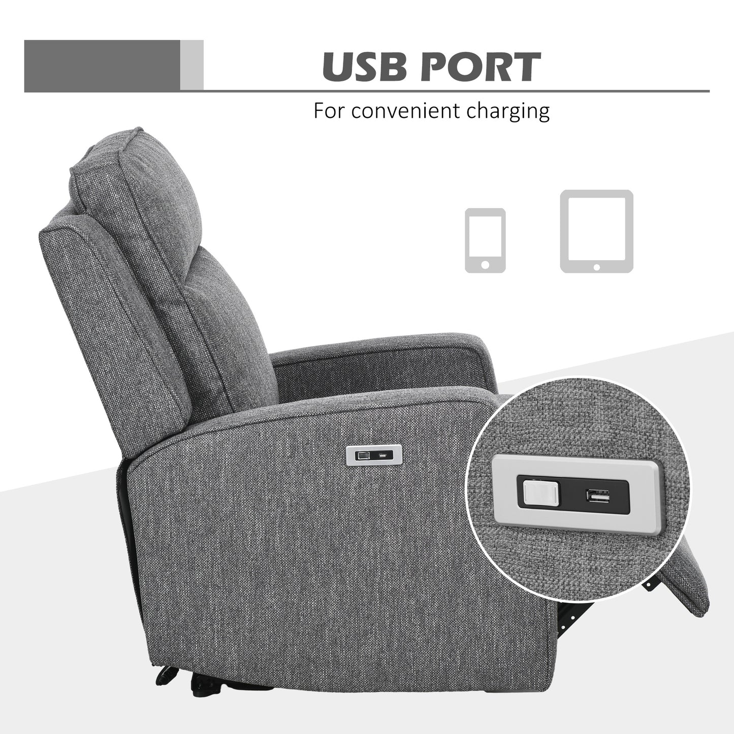 Electric Armchair, Fabric Recliner Chair with USB Port, Charcoal Grey