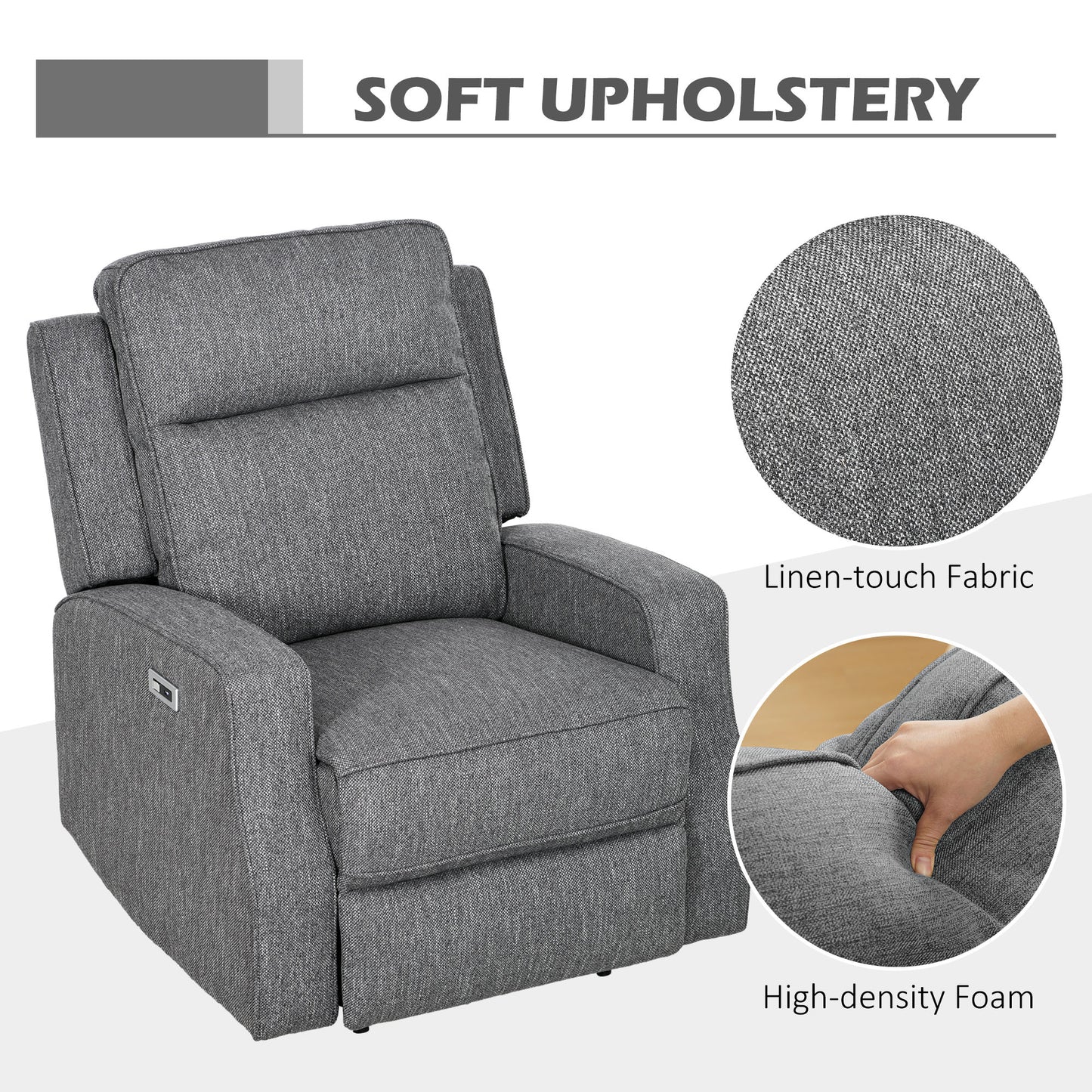 Electric Armchair, Fabric Recliner Chair with USB Port, Charcoal Grey