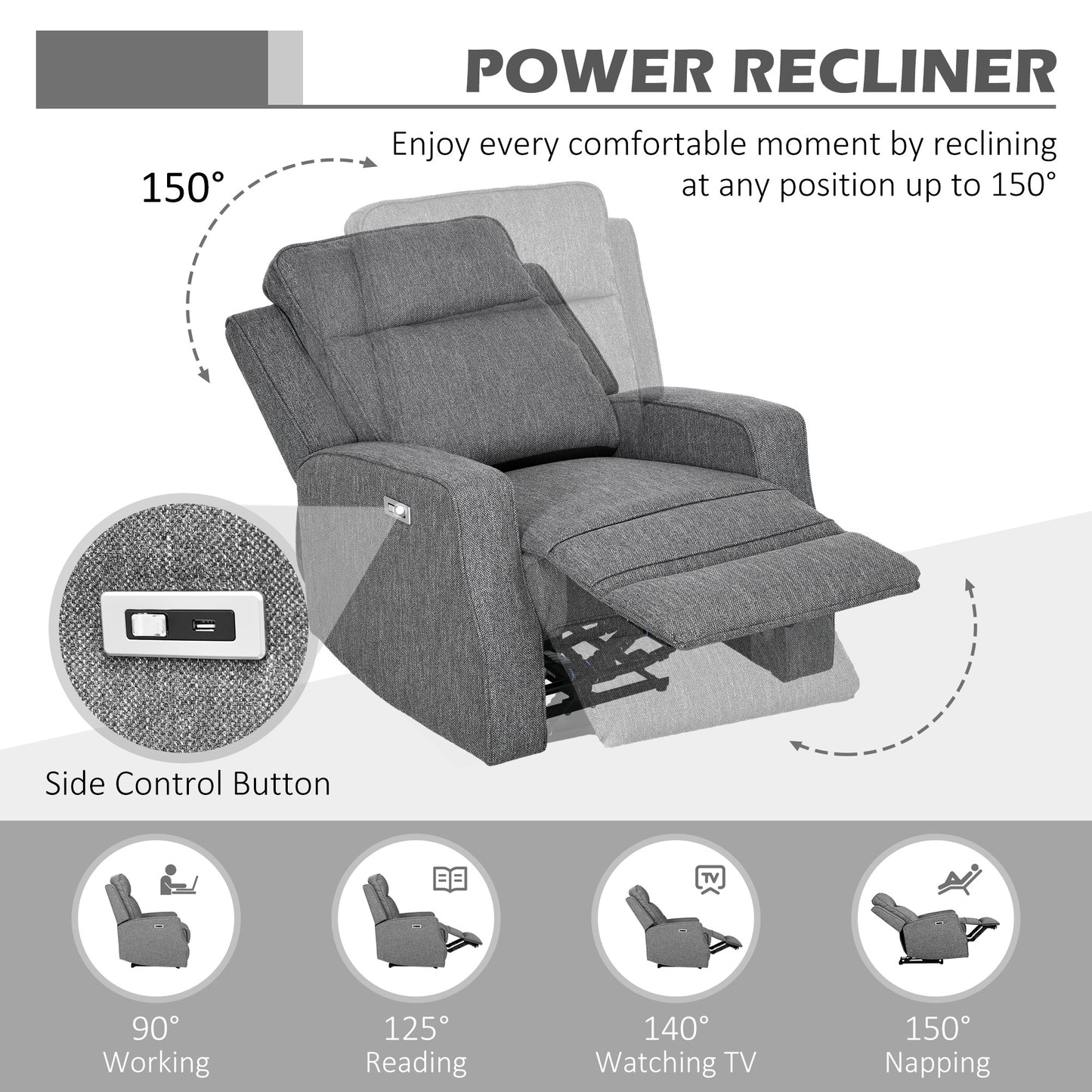 Electric Armchair, Fabric Recliner Chair with USB Port, Charcoal Grey
