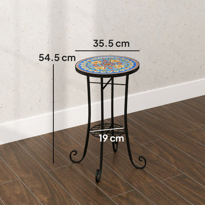35.5cm Round Mosaic Garden Side Table Plant Stand w/ Shelf, Blue