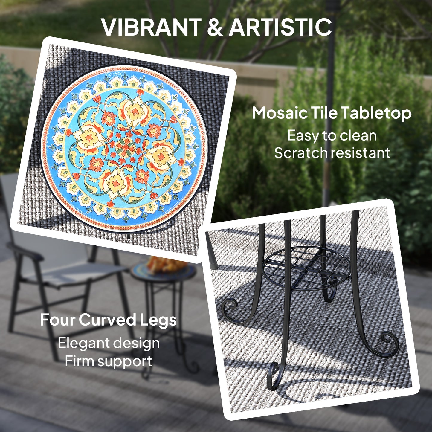 35.5cm Round Mosaic Garden Side Table Plant Stand w/ Shelf, Blue