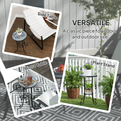 35.5cm Round Mosaic Garden Side Table Plant Stand w/ Shelf, Blue