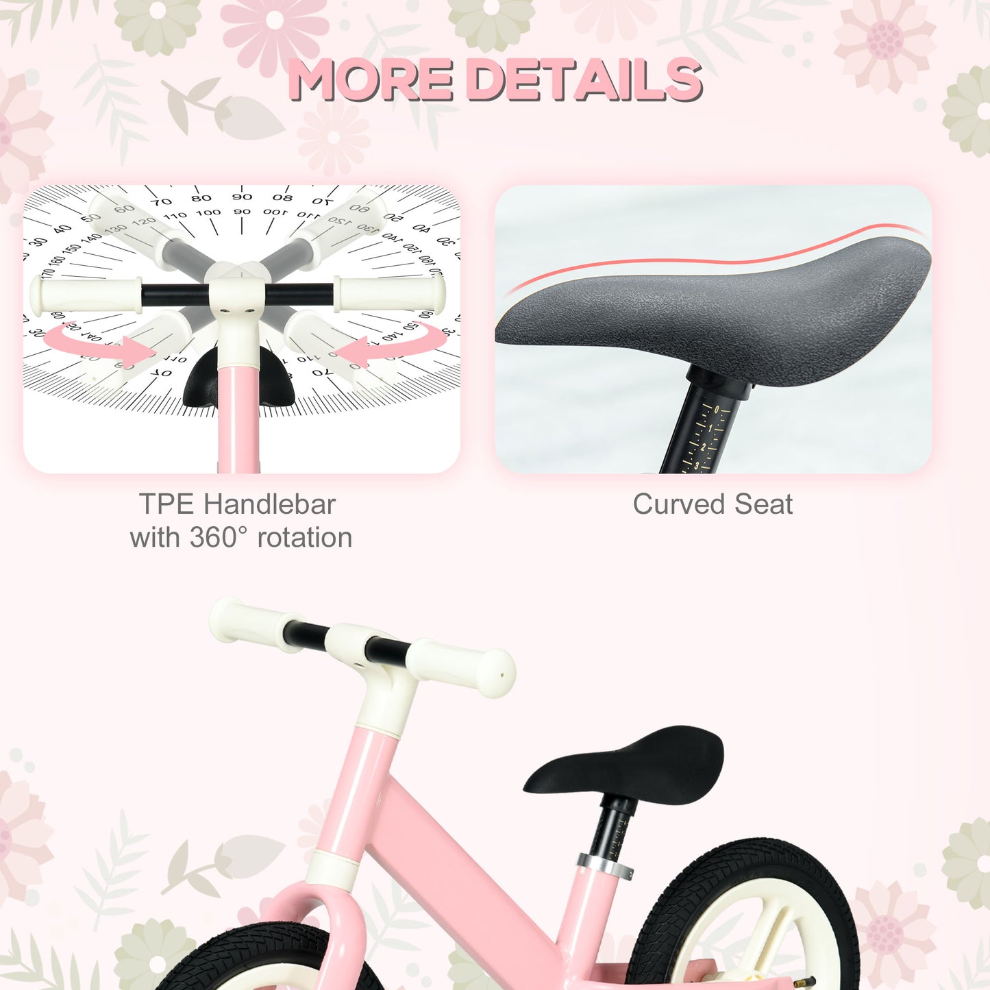 AIYAPLAY 12" Kids Balance Bike, No Pedal Training Bike for Children with Adjustable Seat, 360¬∞ Rotation Handlebars - Pink