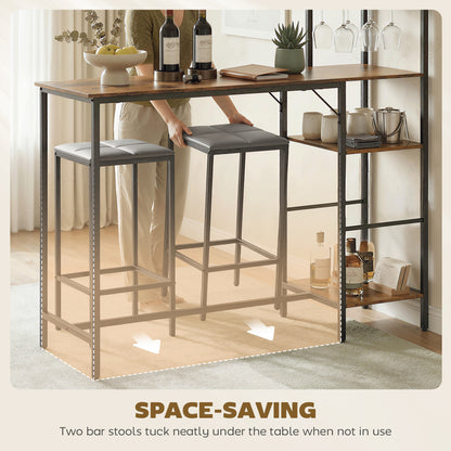 3Pcs Breakfast Bar Table and Stools Set 4-tier shelving, Rustic Brown