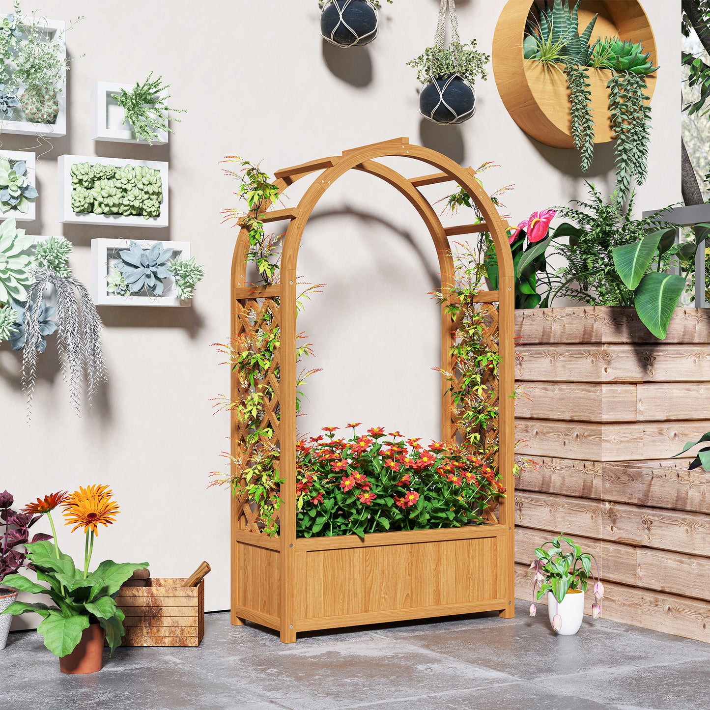 Wooden Raised Garden Bed, Trellis Planter w/ Trellis, Fabric Liner