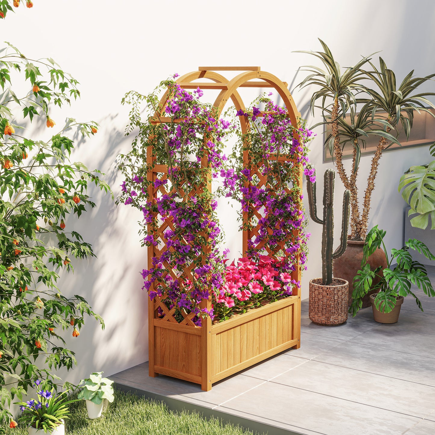 Wooden Raised Garden Bed, Trellis Planter w/ Trellis, Fabric Liner