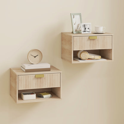 Floating Bedside Tables Set of 2 with Fluted Drawer Open Shelf Oak
