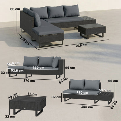 5 Seater Rattan Garden Furniture Set, Adjustable Back Corner Sofa Outdoor Lounge Set, Loveseat, Faux Wood Table, Cushions, L Shaped Patio Furniture Conversation Sets, Metal Frame, Dark Grey