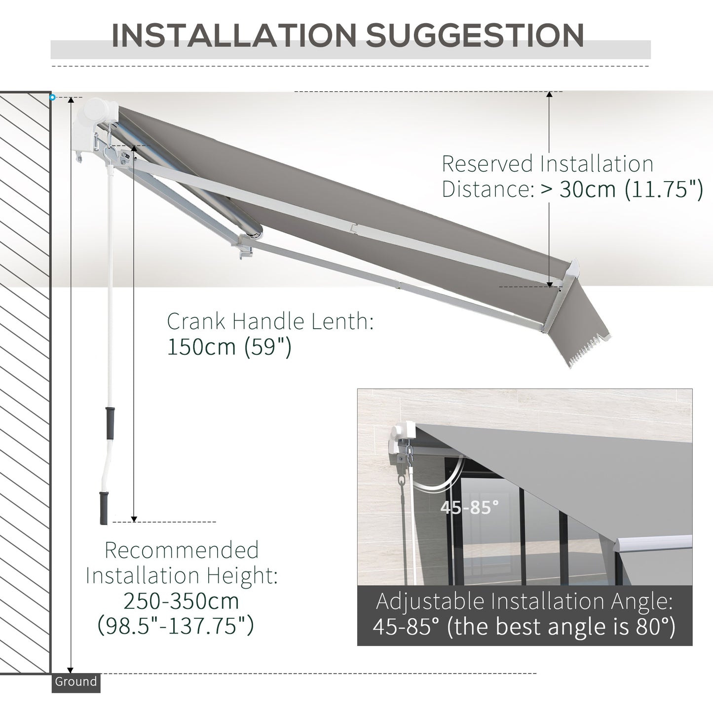 4x2.5m Retractable Manual Awning Window Door Sun Shade Canopy with Fittings and Crank Handle Grey