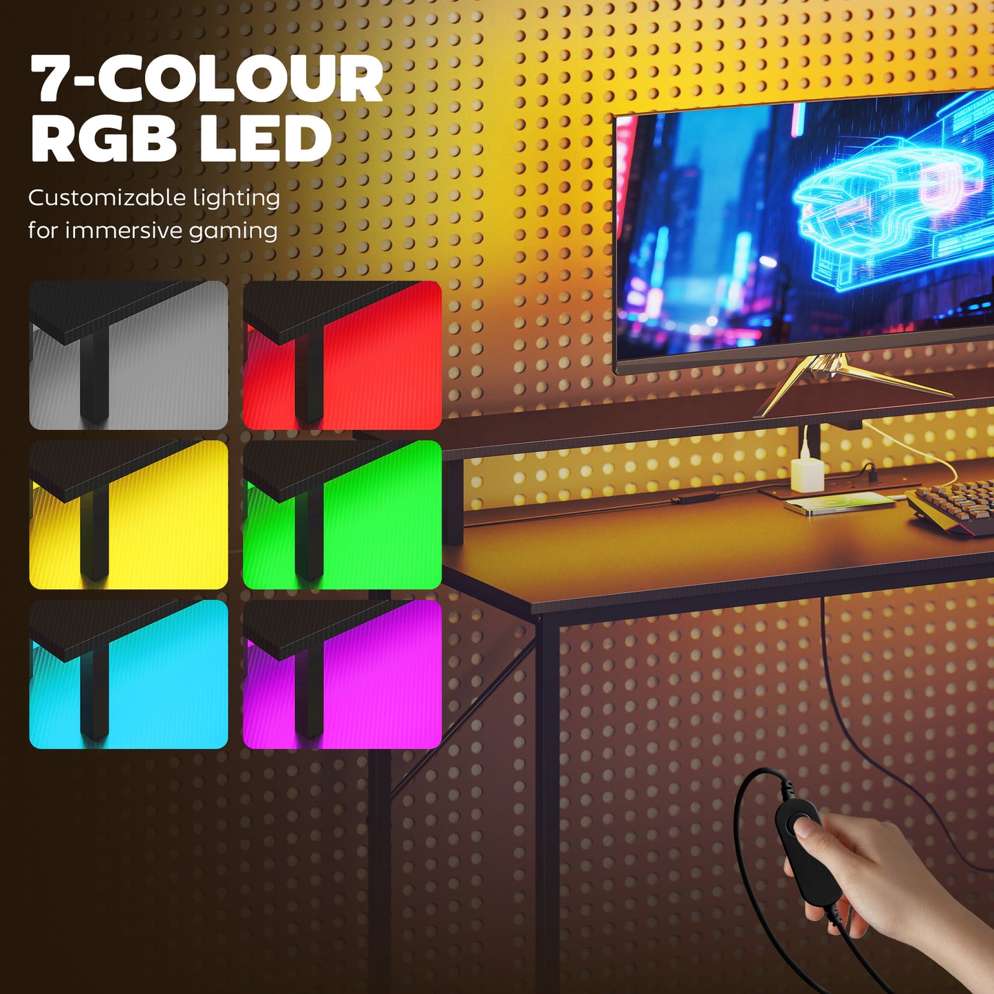 147cm Gaming Desk with Charging Station and RGB Lights, Black