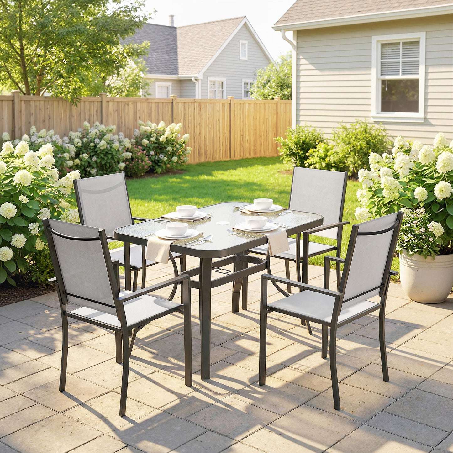 Garden Dining Set with Umbrella Hole, Stackable Chairs, Light Grey