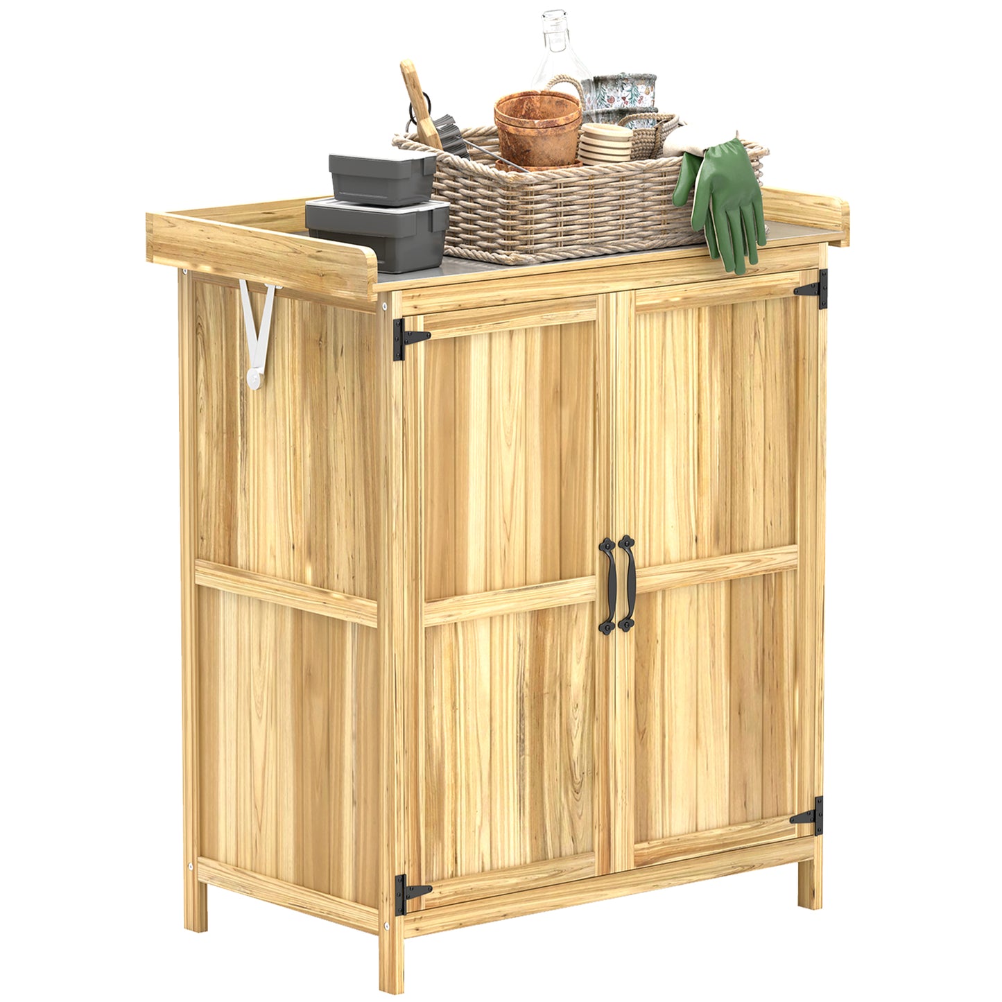 Wooden Garden Storage Shed w/Hinged Roof and Shelf, Natural Wood