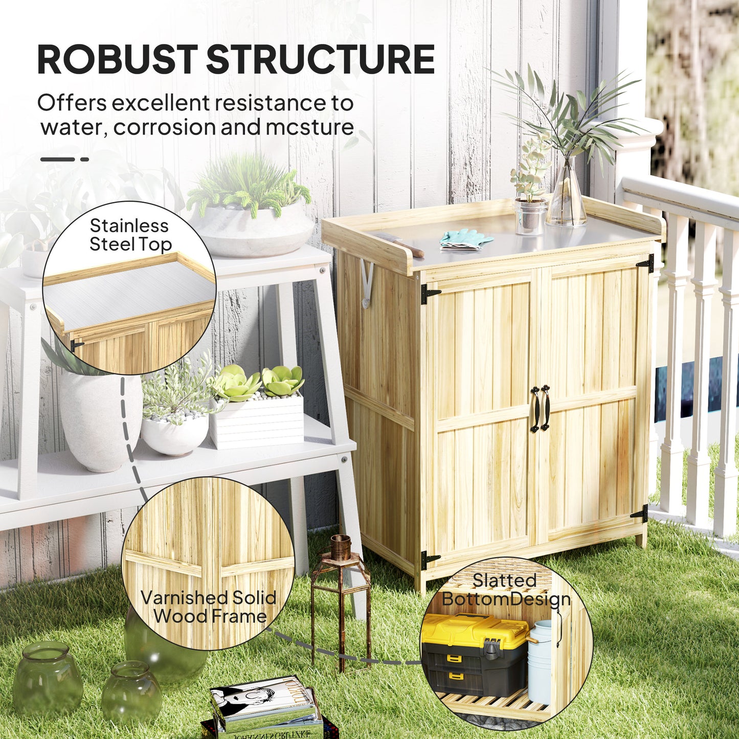 Wooden Garden Storage Shed w/Hinged Roof and Shelf, Natural Wood