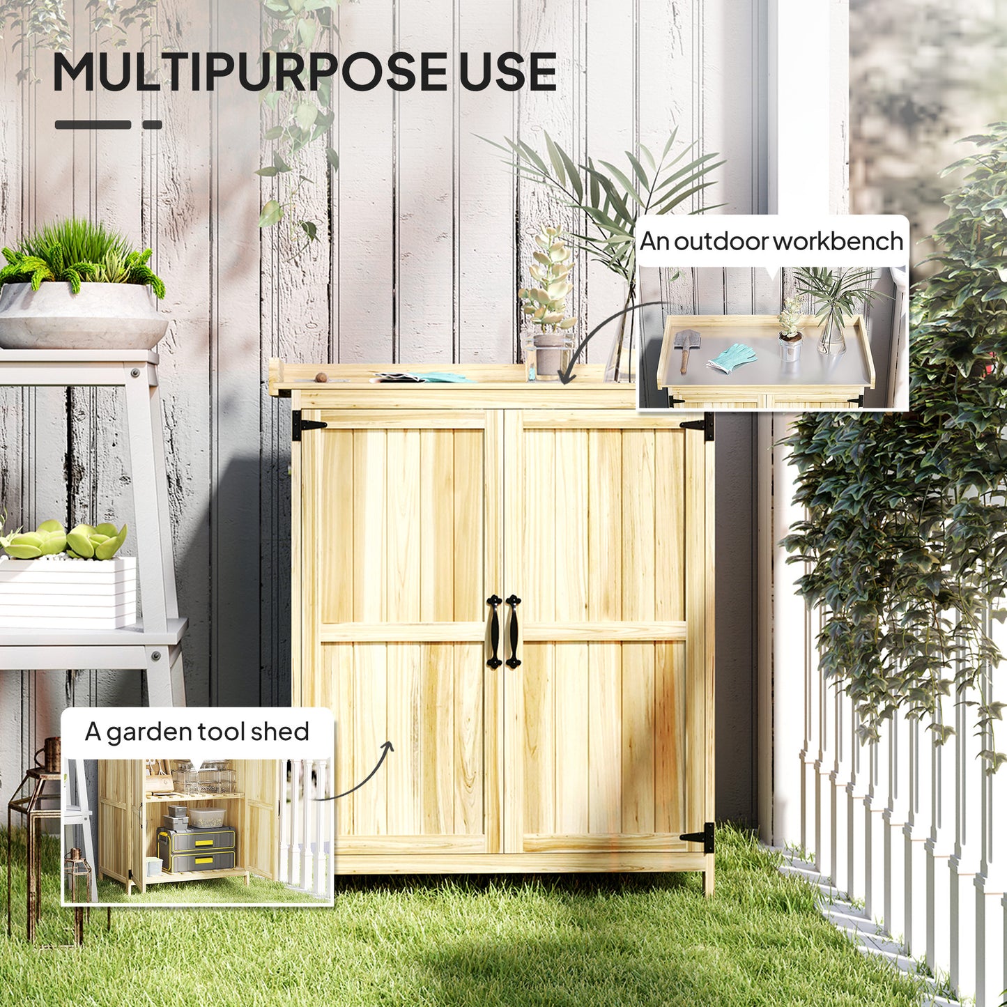 Wooden Garden Storage Shed w/Hinged Roof and Shelf, Natural Wood