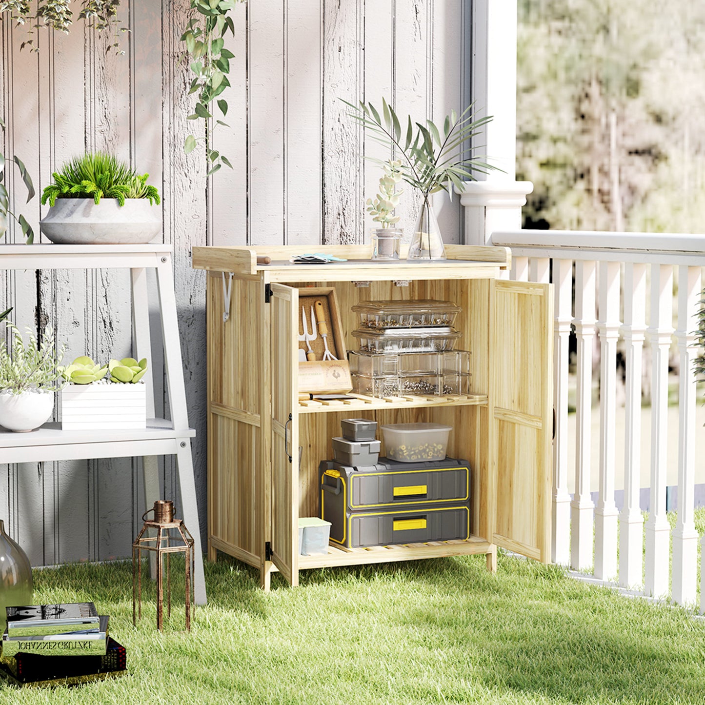 Wooden Garden Storage Shed w/Hinged Roof and Shelf, Natural Wood