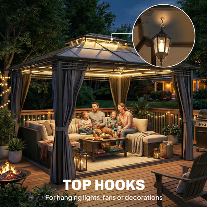 3 x 3.6 m Hardtop Gazebo with Sides, 2-Tier Roof Garden Gazebo