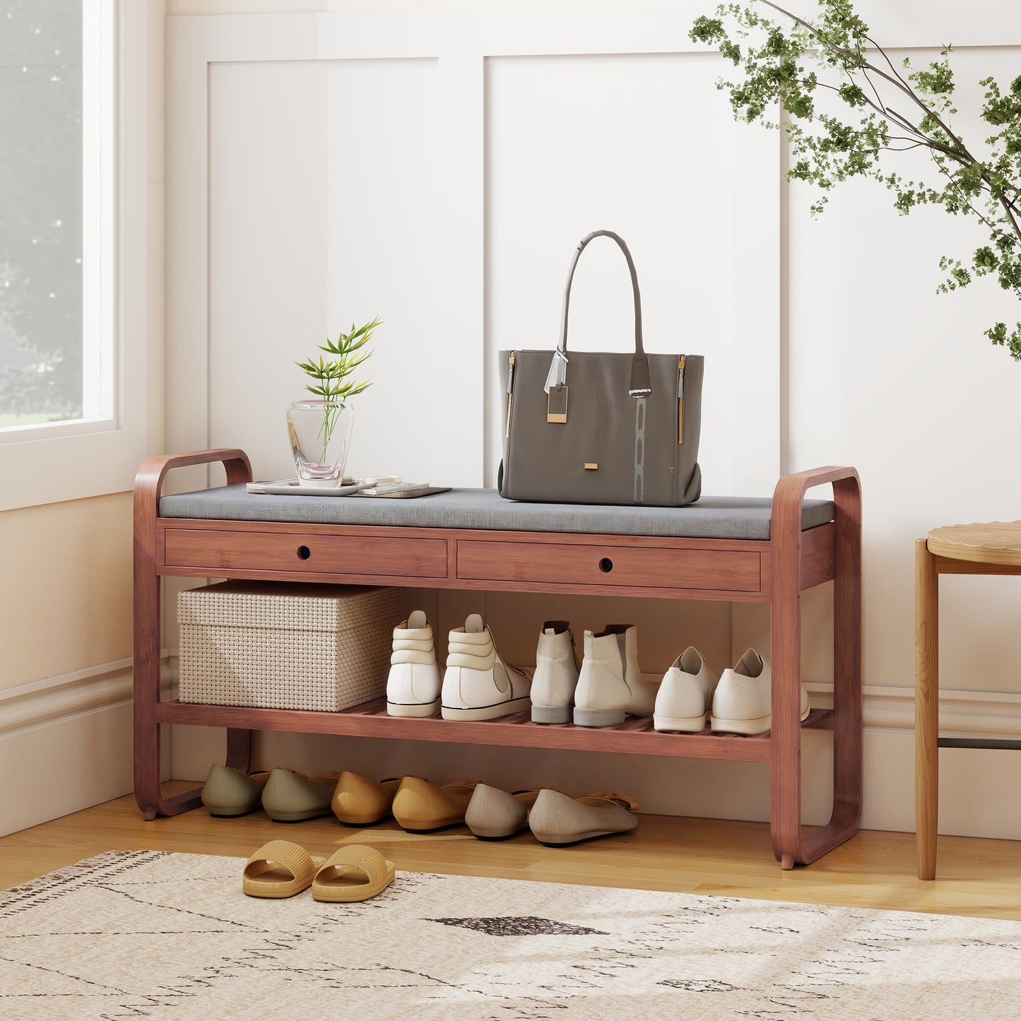Shoe Bench with 2 Drawers, Shoe Storage Bench with Cushioned Seat, Storage Shelf and Bamboo Frame, 130 kg Weight Capacity, 105 x 33.2 x 55 cm, Dark Brown and Grey