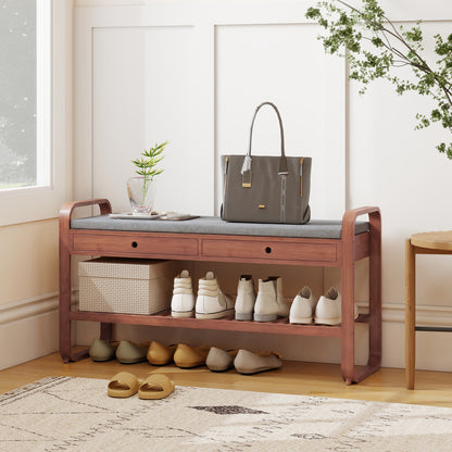 Shoe Bench with 2 Drawers, Shoe Storage Bench with Cushioned Seat, Storage Shelf and Bamboo Frame, 130 kg Weight Capacity, 105 x 33.2 x 55 cm, Dark Brown and Grey