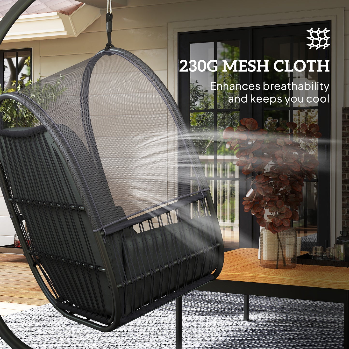 Hanging Egg Chair with Stand, Cushions for Garden, Dark Grey