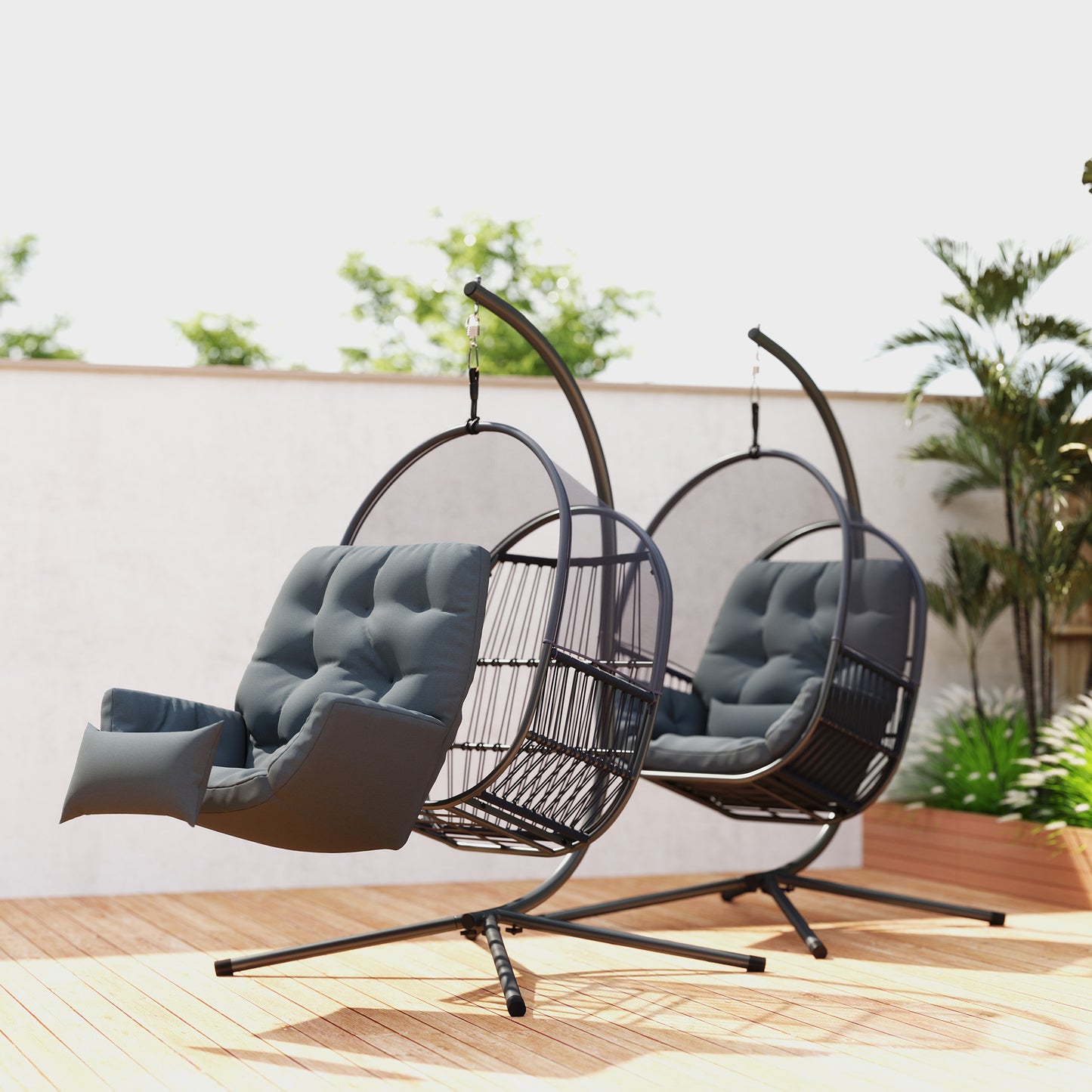 Hanging Egg Chair with Stand, Cushions for Garden, Dark Grey