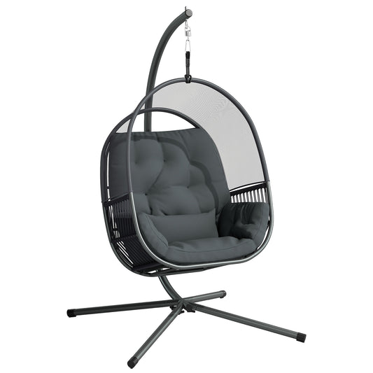 Hanging Egg Chair with Stand, Cushions for Garden, Dark Grey