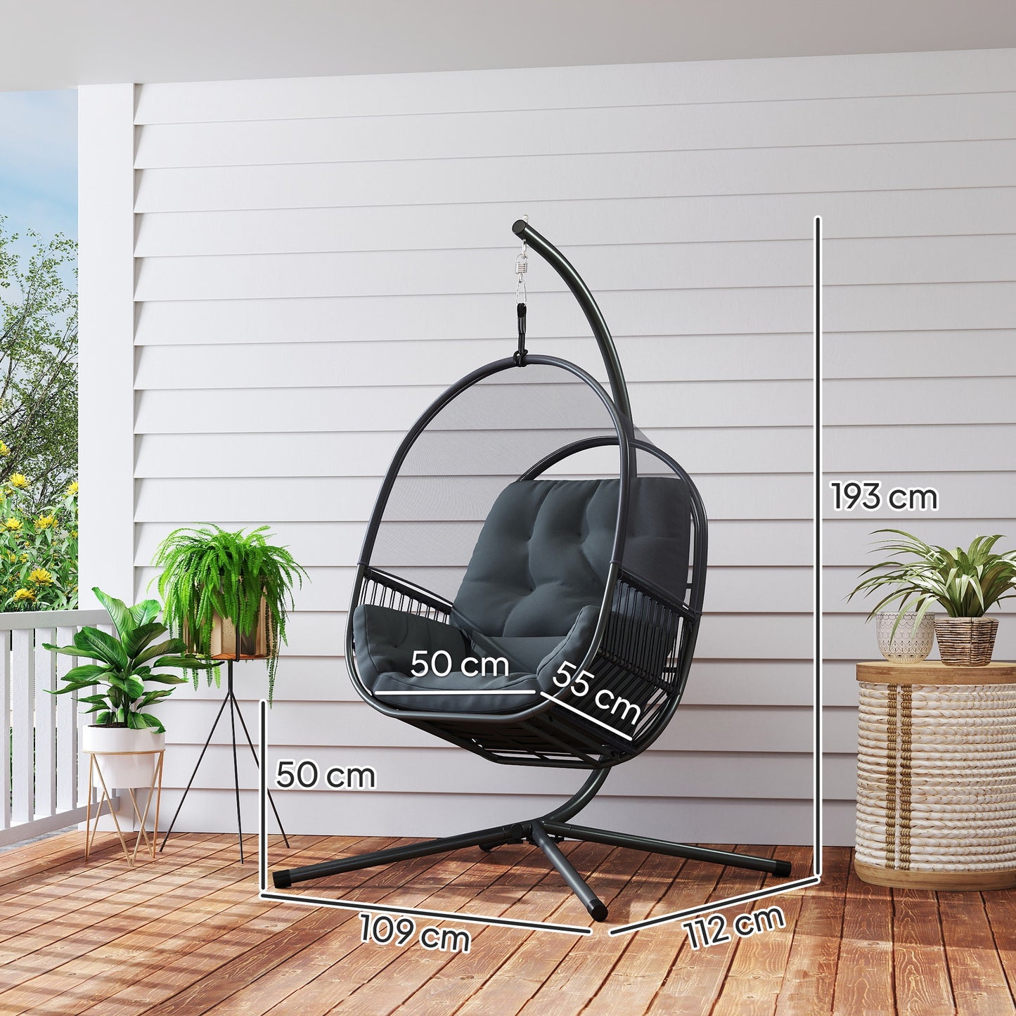 Hanging Egg Chair with Stand, Cushions for Garden, Dark Grey
