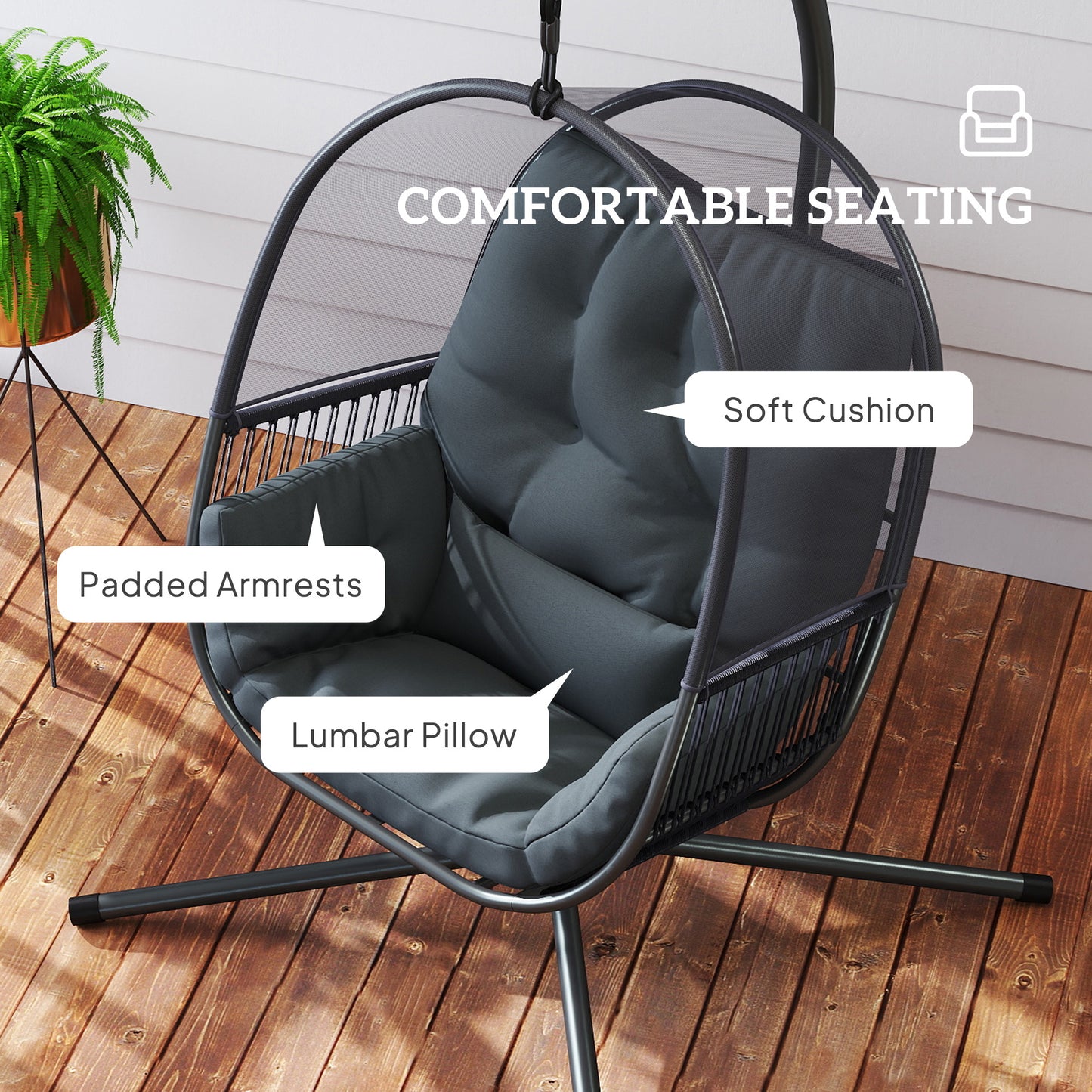 Hanging Egg Chair with Stand, Cushions for Garden, Dark Grey
