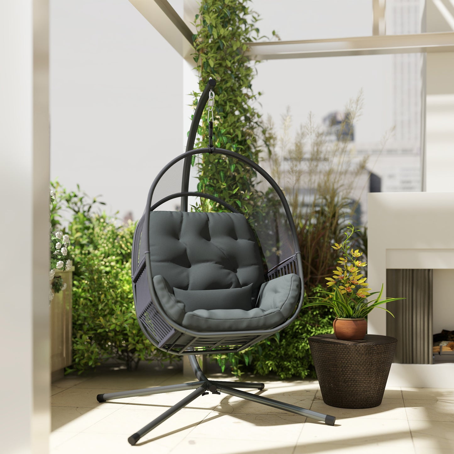 Hanging Egg Chair with Stand, Cushions for Garden, Dark Grey