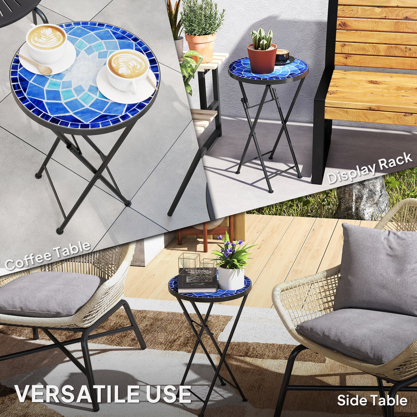 Mosaic Garden Table, 35.5cm Folding Coffee Table, Navy Blue