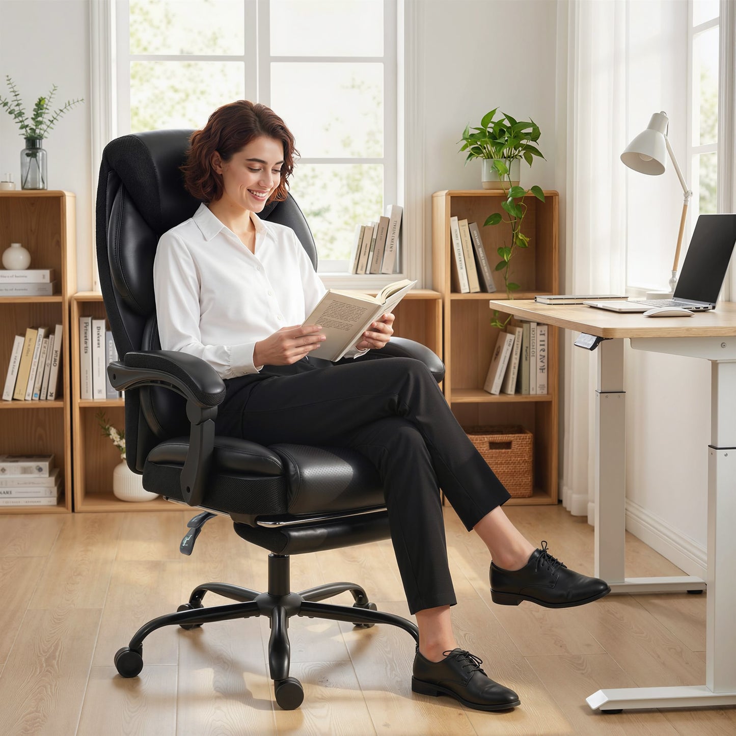 Adjustable Office Chair with Footrest, Armrest, Casters, Black