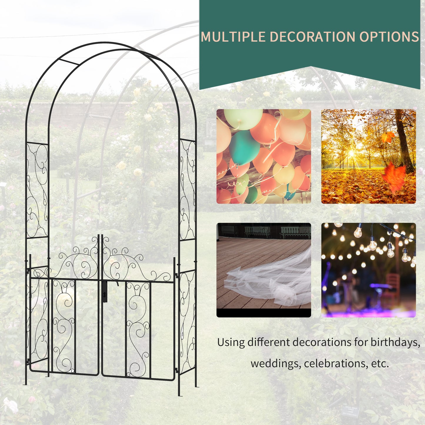 Metal Garden Arch with Double Gate, Garden Arbor Climbing Plants