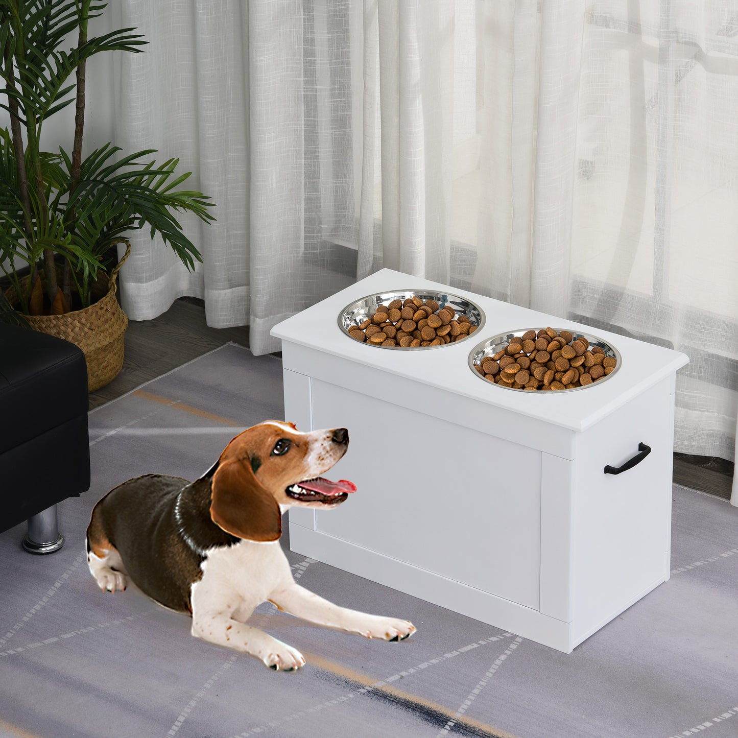 Raised Dog Bowls Pet Feeding Storage Station with 2 Stainless Steel Bowls Base for Large Dogs and Other Large Pets, White
