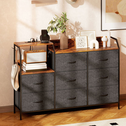 Fabric Chest of Drawers w/ Charging Station for Bedroom Rustic Brown