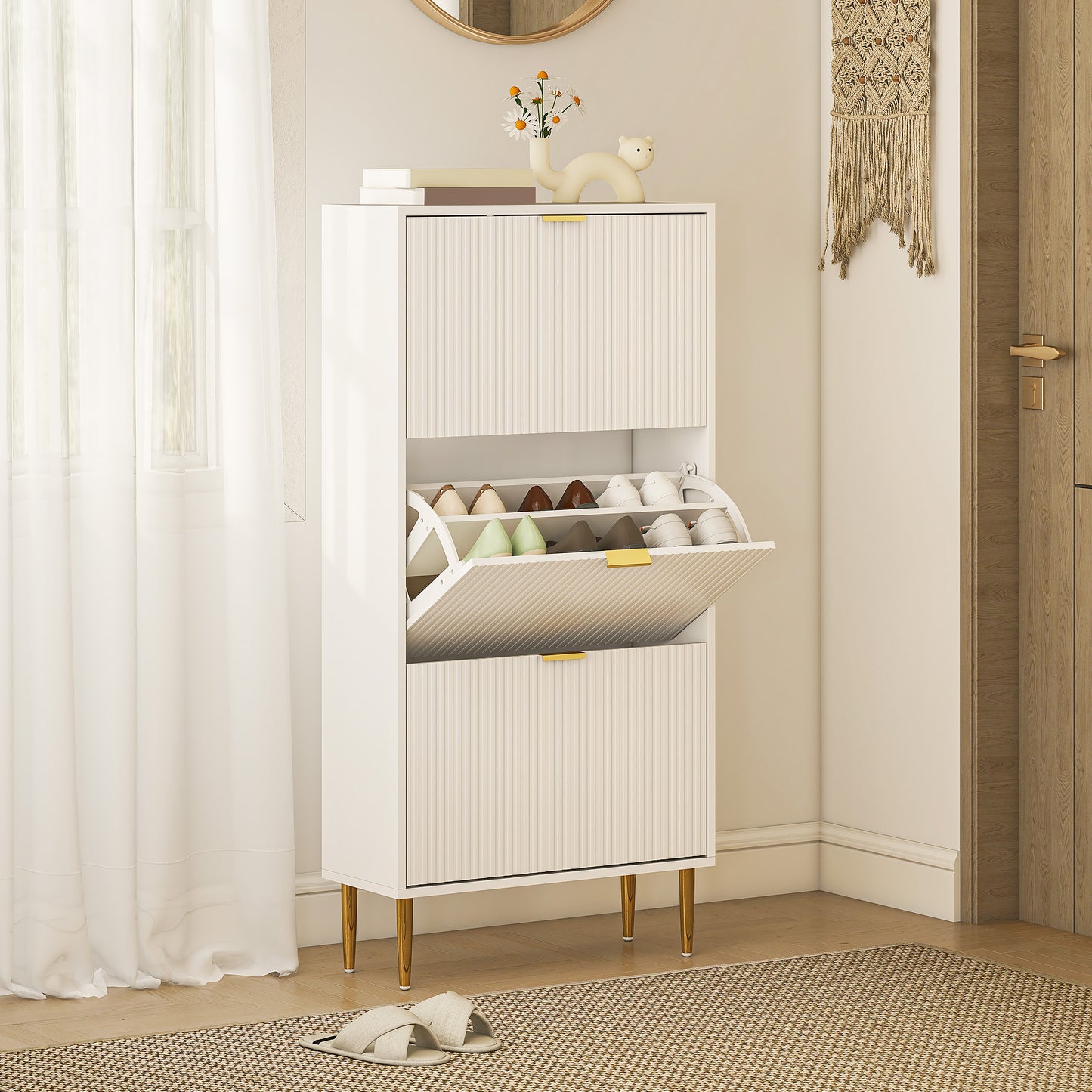 Slim Shoe Storage Cabinet with 3 Flip Drawers for Hallway, White