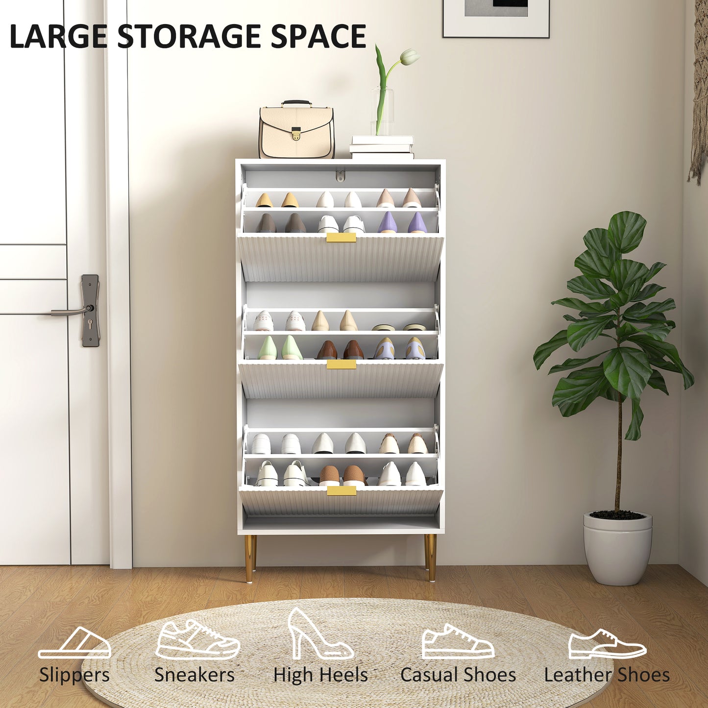 Slim Shoe Storage Cabinet with 3 Flip Drawers for Hallway, White
