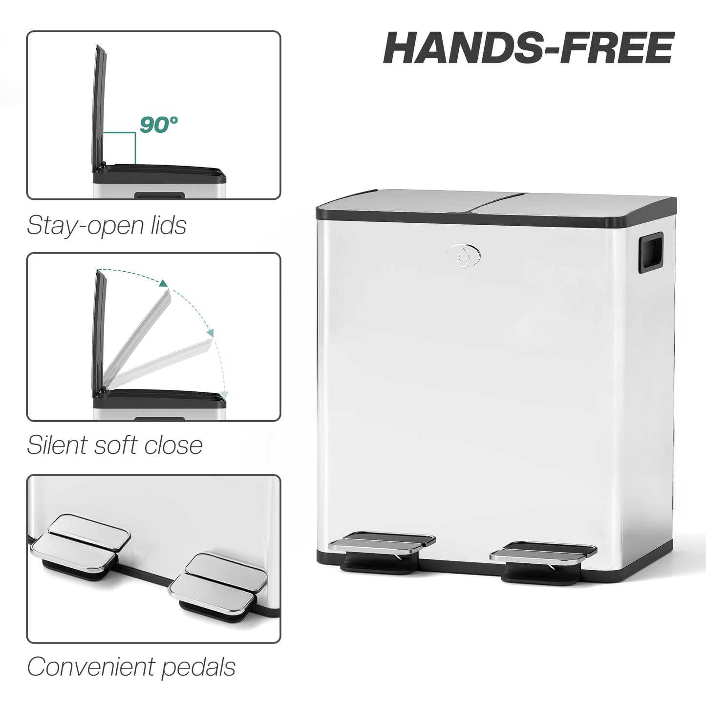 2 x 20L Dual Kitchen Bin Pedal Bin for Recycling and Waste, Silver Tone