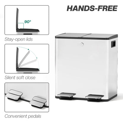 2 x 20L Dual Kitchen Bin Pedal Bin for Recycling and Waste, Silver Tone