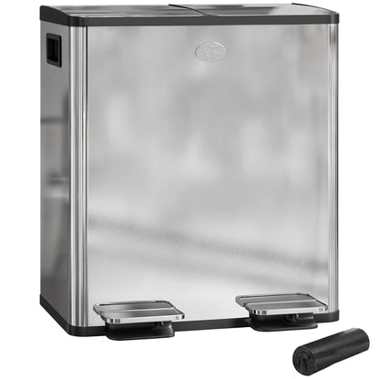 2 x 20L Dual Kitchen Bin Pedal Bin for Recycling and Waste, Silver Tone