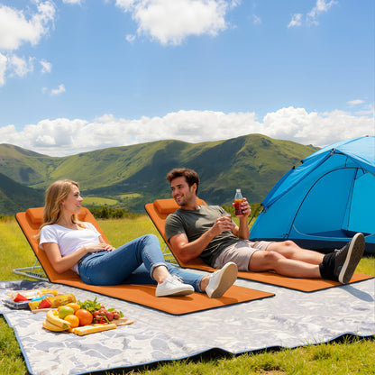 2 Pieces Outdoor Beach Mat Steel Reclining Chair Set Orange