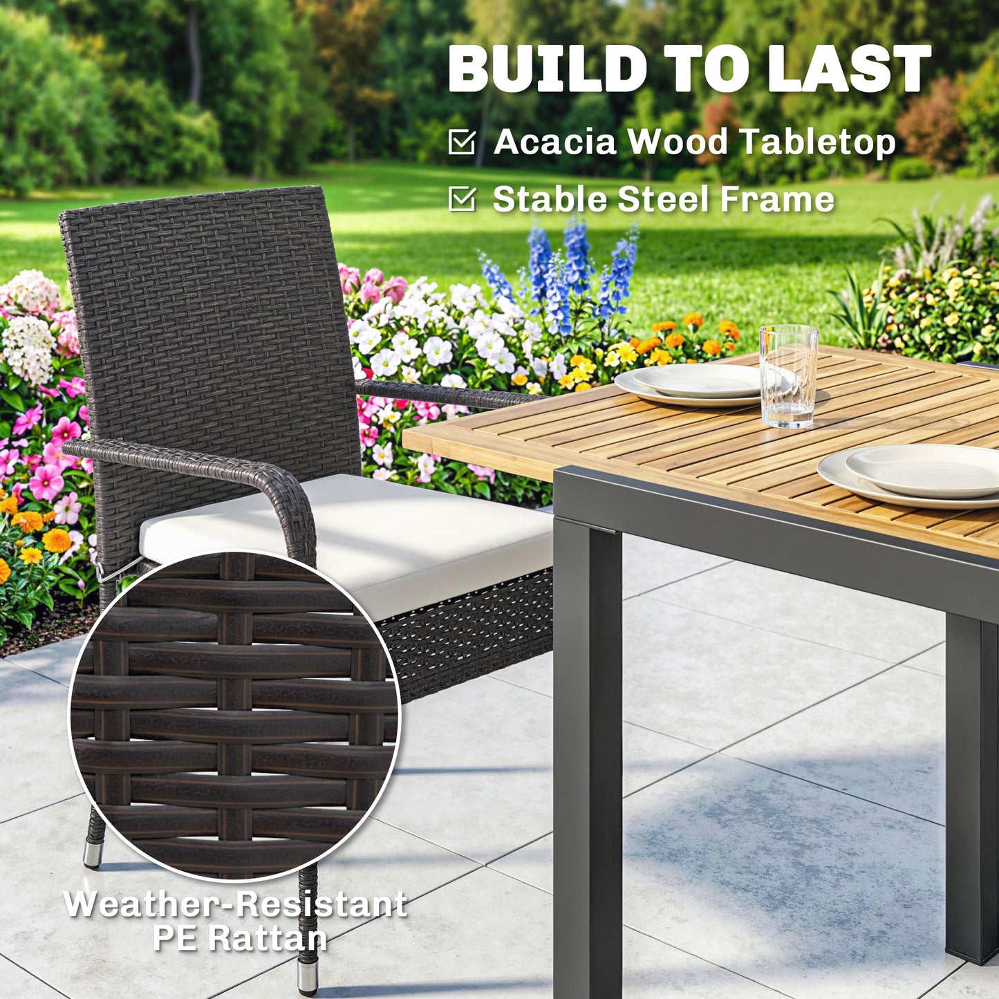 7 Piece Rattan Garden Furniture Set, 6 Seater Garden Table and 6 Stackable Chairs with Extendable Acacia Wood Tabletop, All-Weather Outdoor Furniture with Cushions for Patio, Cream White