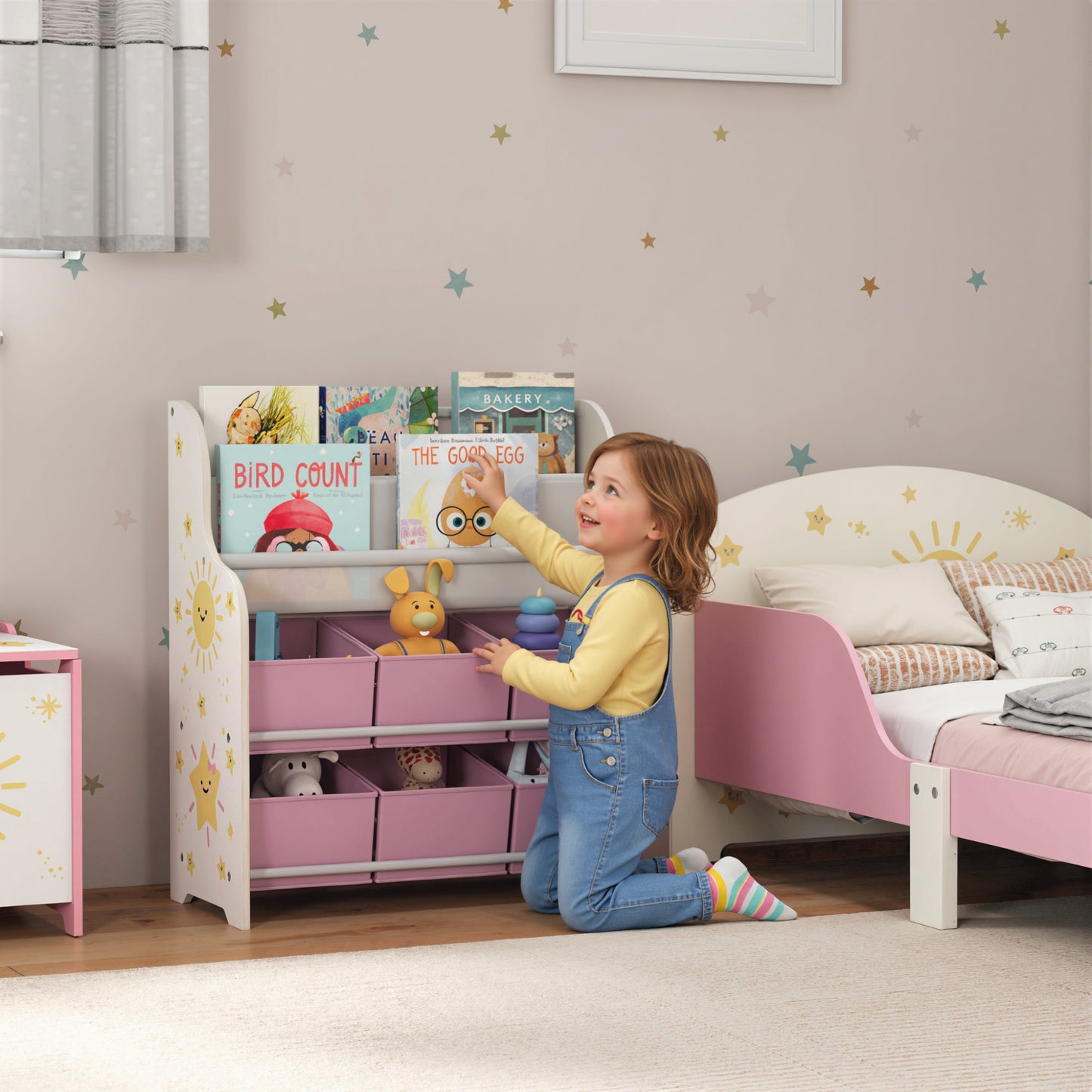 Kids Storage Unit with 6 Fabric Drawers & 2-Tier Sling Rack, Pink