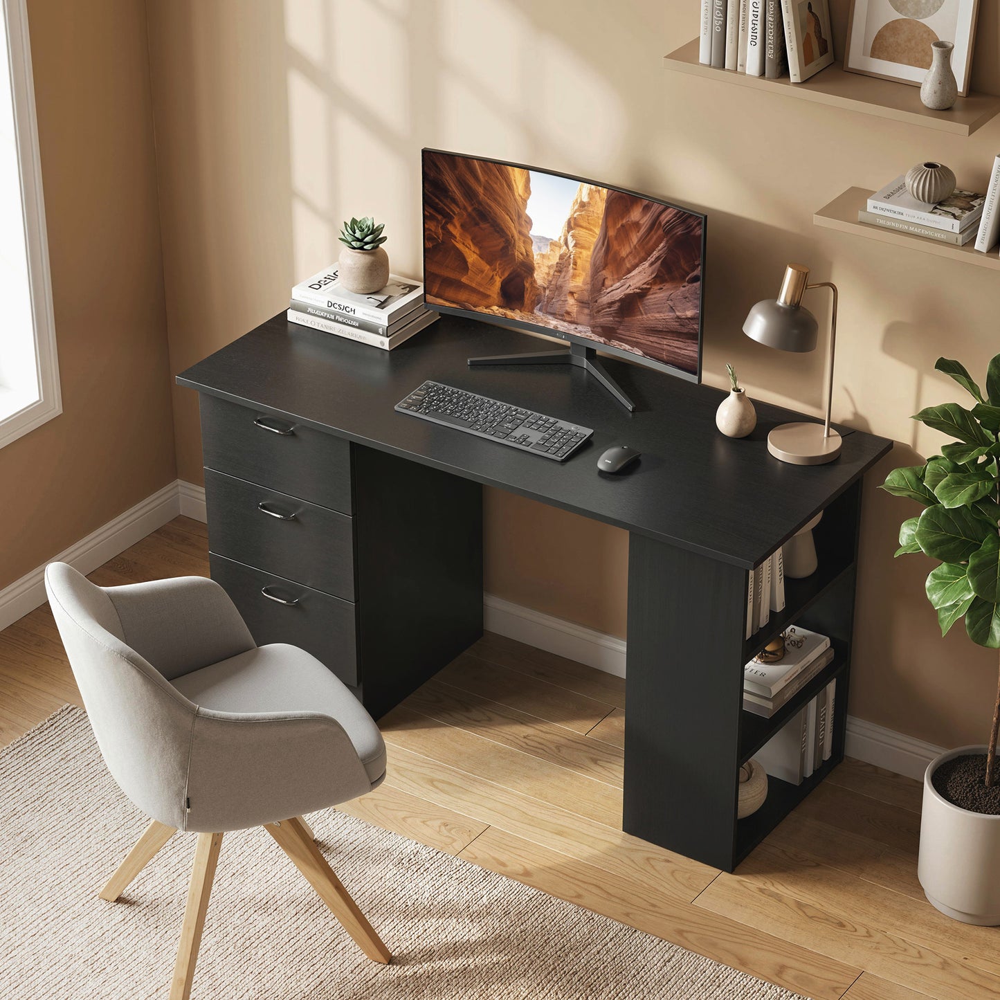 120cm PC Table Workstation Computer Desk w/ Drawers, 3 Shelves Black