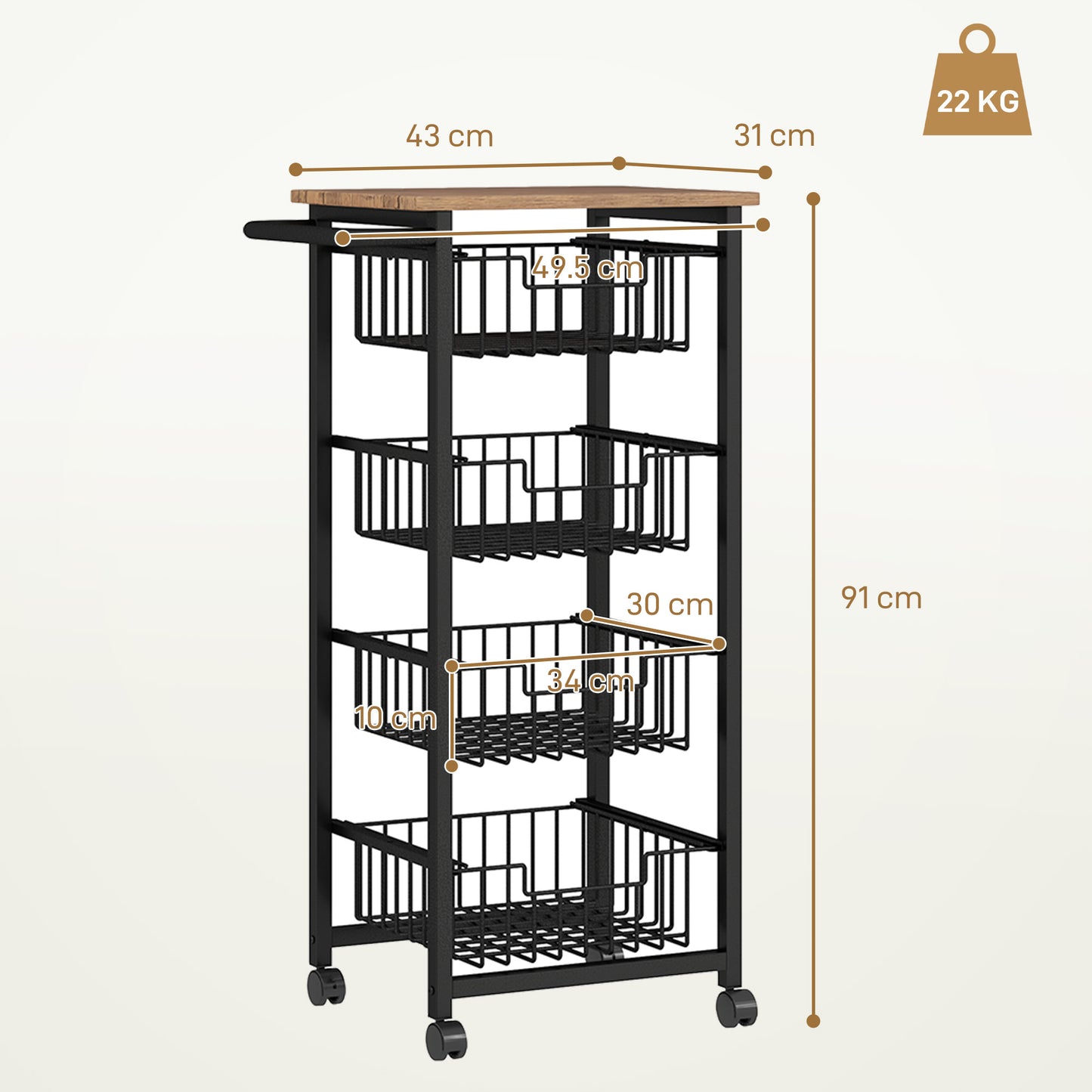 4-Tier Kitchen Island on Wheels with 4 Pull-Out Baskets, Oak