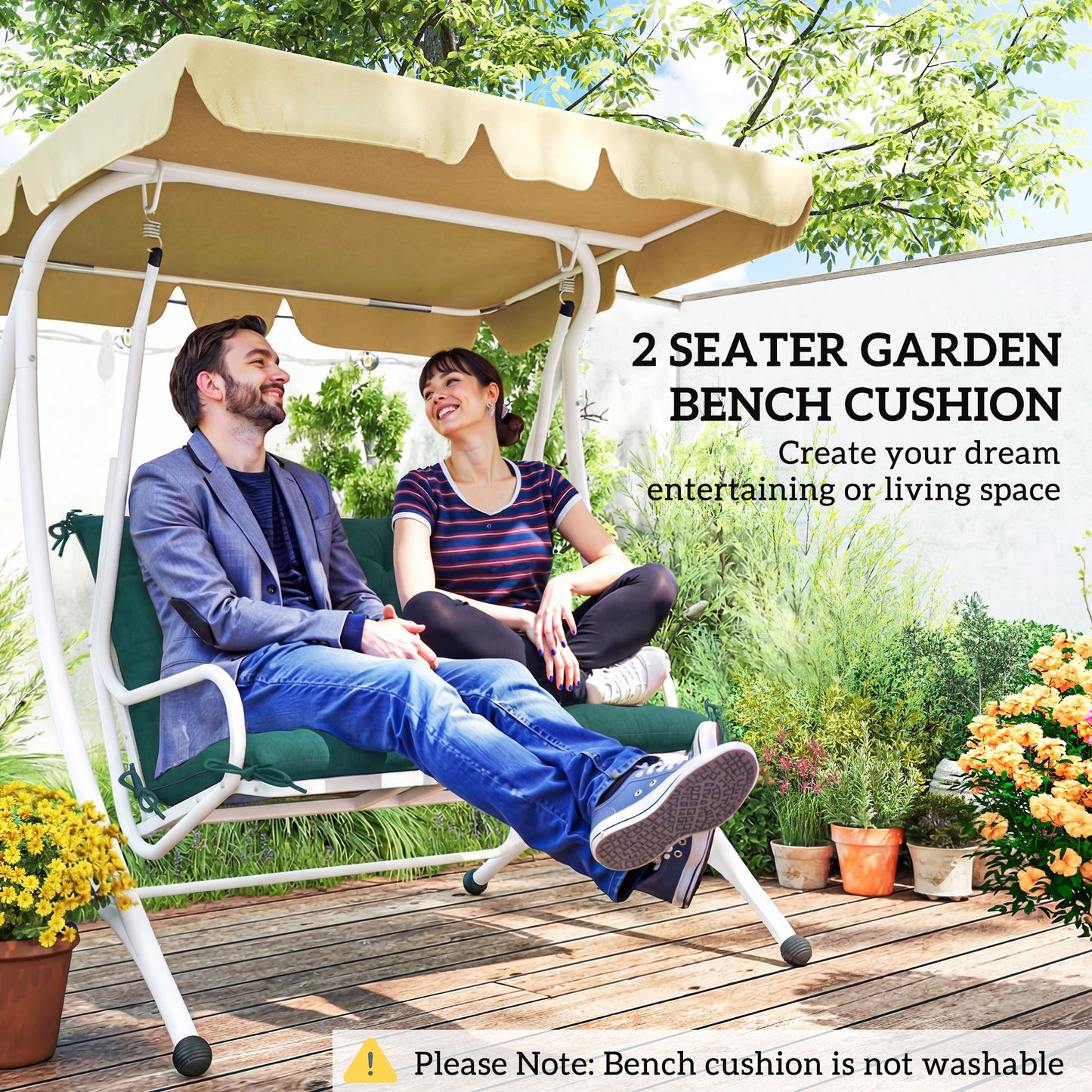 2 Seater Bench Pad, Chair Cushion with Back and Ties, Green
