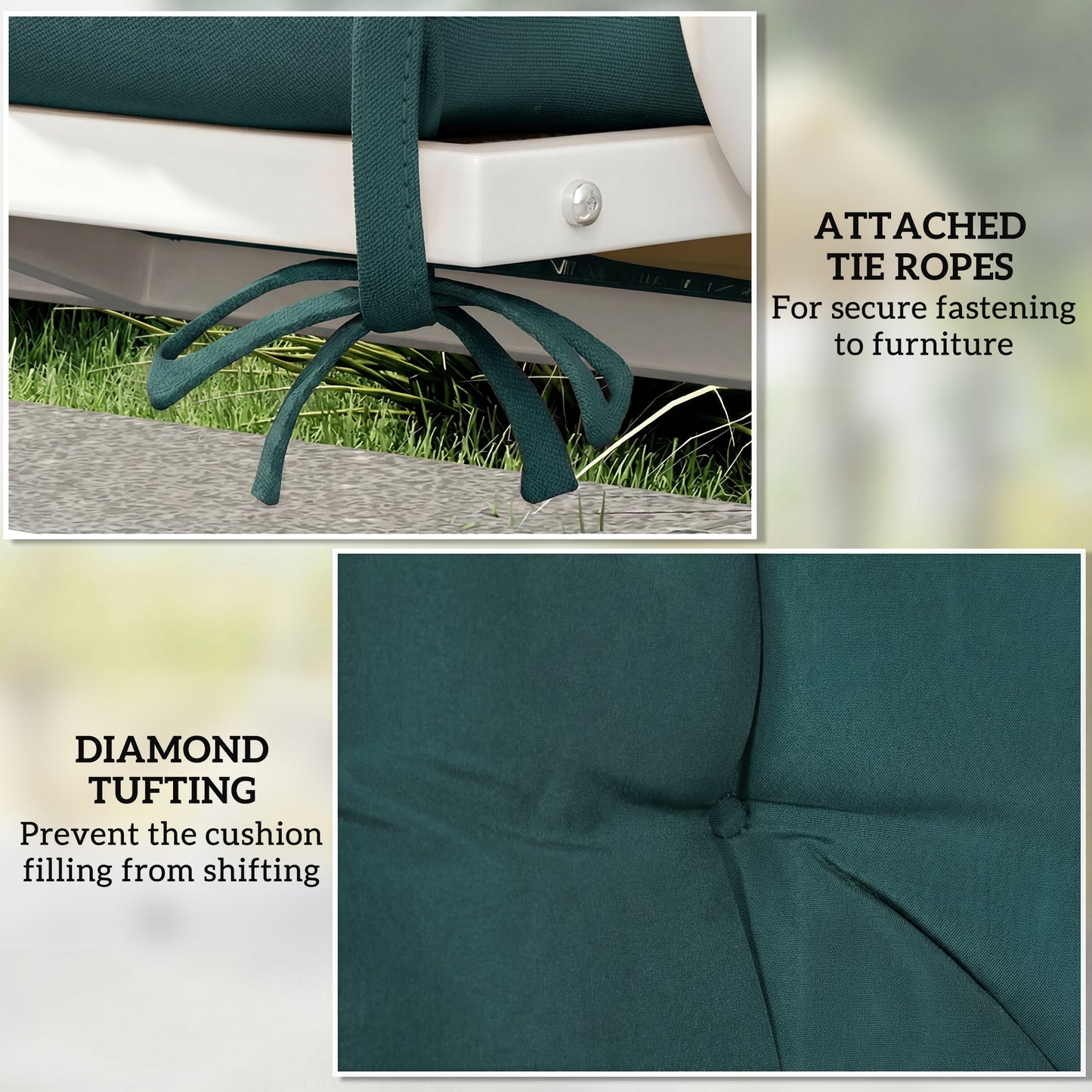2 Seater Bench Pad, Chair Cushion with Back and Ties, Green