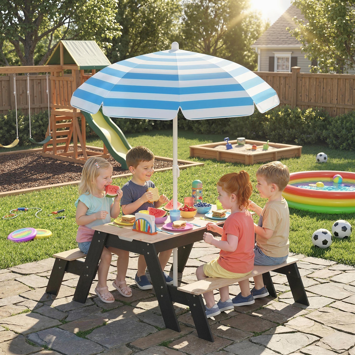 Picnic Table for Kids with Sunshade Parasol, 3 in 1 Wooden Sand and Water Table with 2 Hidden Play Boxes, Kids Garden Furniture for Patio, Garden, Ages 3-6, Natural Wood
