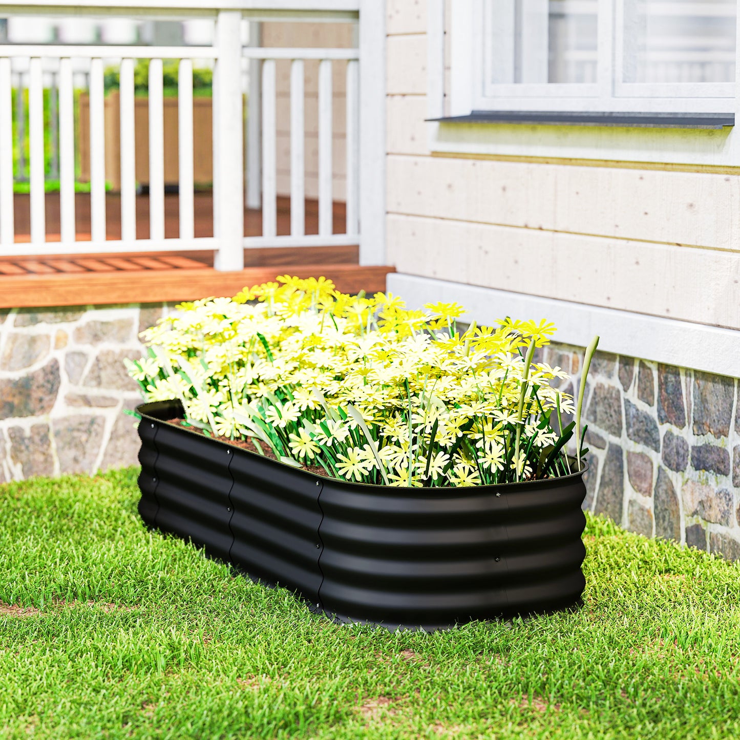 Galvanised Raised Garden Bed Planter Box with Safety Edging, Black