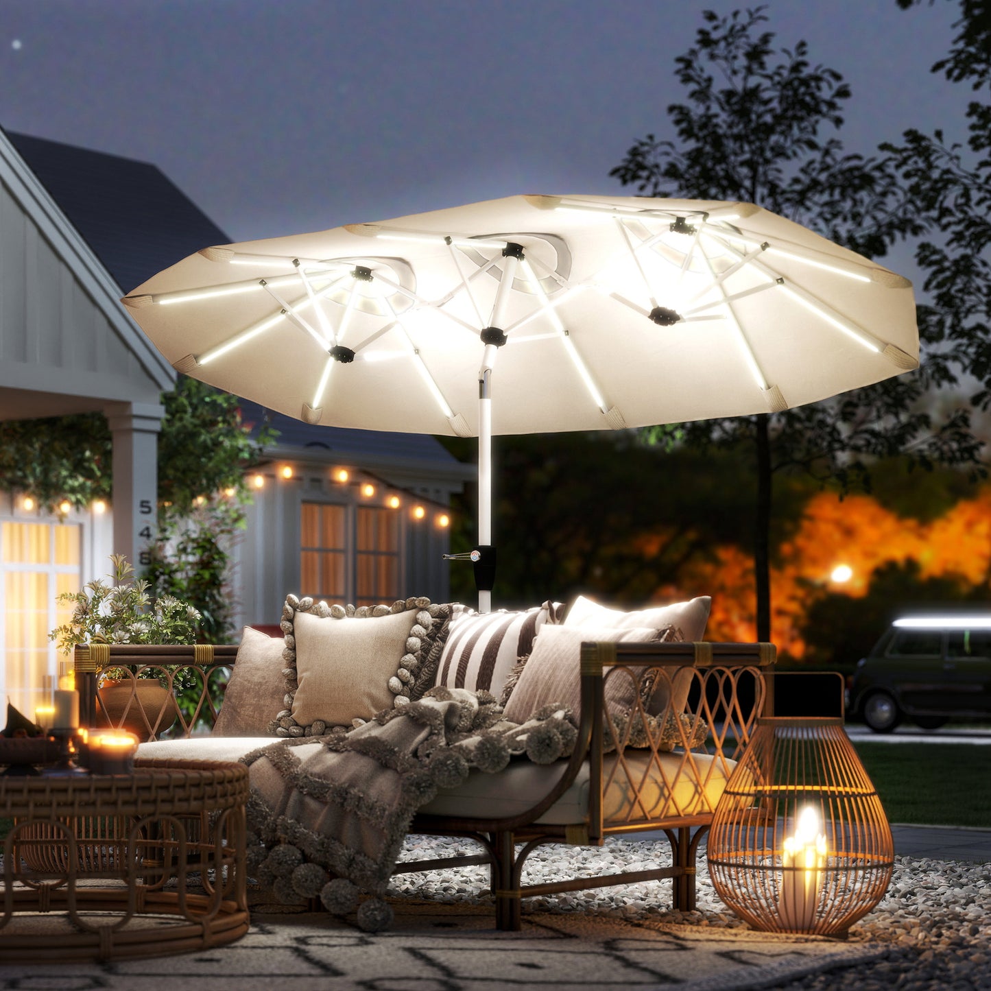 3 m Double-Sided Garden Parasol with Solar Lights, Cream White