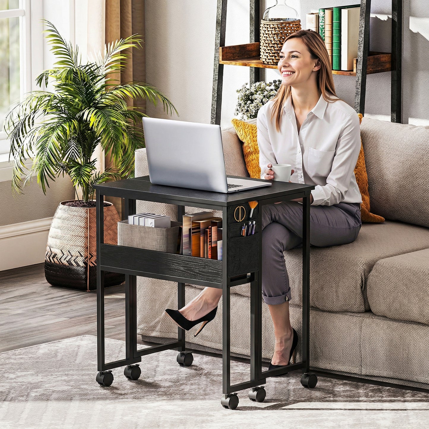 63 cm Foldable Computer Desk on Wheels for Small Spaces Black