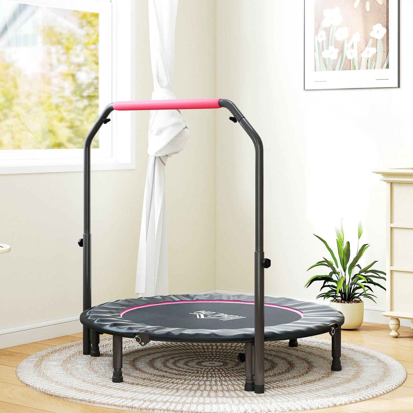 48" Foldable Mini Fitness Trampoline w/ Foam Handle, Pink